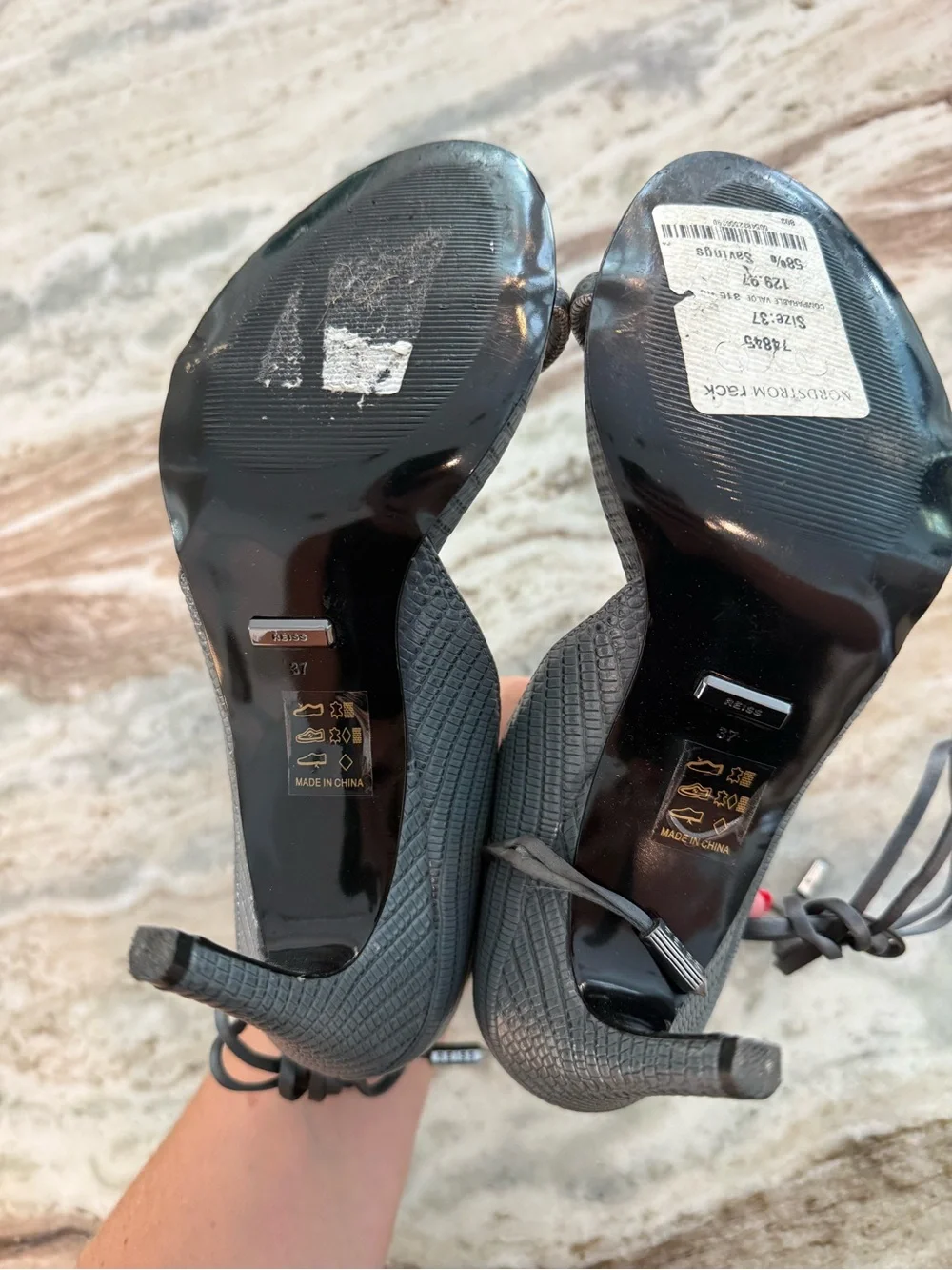 REISS Coco Ankle Tie Lizard Embossed Leather Sandals Heels Grey 37 US 6.5 / 7